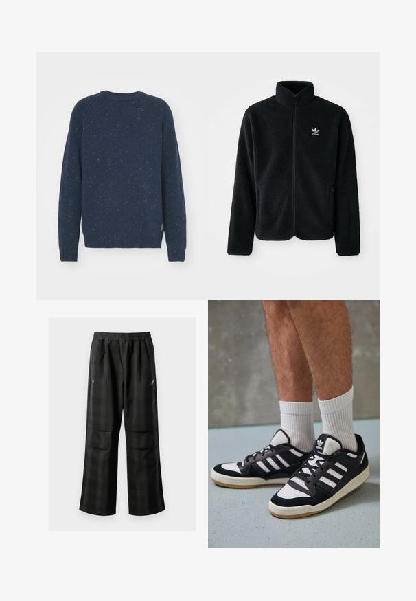Czarna polarowa kurtka z wysokim kołnierzem, zamek z przodu i kieszeniami z przodu. Posiada teksturowany materiał i małe białe logo na lewej piersi.; Carhartt WIP - Sweter; Czarne spodnie w kratę z elastycznym pasem, dwoma przednimi kieszeniami i luźnym krojem ze prostymi nogawkami. Wykonane z lekkiego materiału.; Czarno-białe sneakersy z zamszową i skórzaną cholewką, z trzema białymi paskami, perforowanym czubkiem i gumową podeszwą w kolorze gumy.