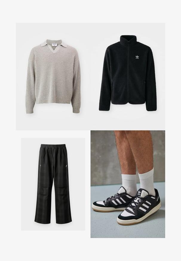 Črna flis jakna z visokim ovratnikom, z zadrgo spredaj in sprednjimi žepi. Ima strukturno blago in majhno belo logo na levi strani prsnega koša.; Filippa K Pulover - beige/white; Črne karirane hlače z elastičnim pasom, dvema sprednjima žepoma in ohlapnim krojem s pravimi nogavicami. Narejene so iz lahke tkanine.; Črno-bele superge z zgornjim delom iz usnja in nubuka, ki imajo tri bele črte, perforiran vrh prstov in podplat iz gume.