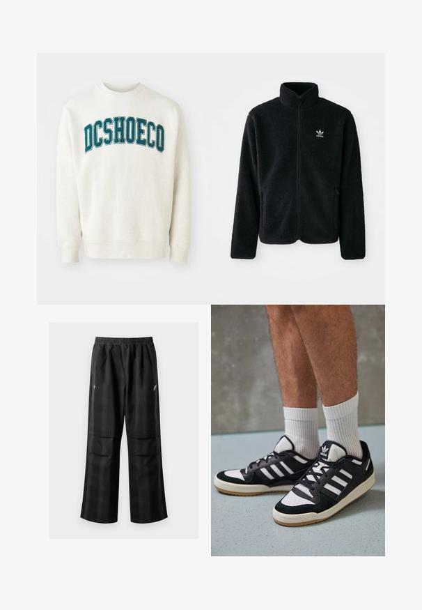 Czarna polarowa kurtka z wysokim kołnierzem, zamek z przodu i kieszeniami z przodu. Posiada teksturowany materiał i małe białe logo na lewej piersi.; Jasnobeżowa bluza wykonana z miękkiego materiału, z haftowanym na piersi tekstem "DCSHOECO" w kolorze teal. Żebrowane mankiety i dół.; Czarne spodnie w kratę z elastycznym pasem, dwoma przednimi kieszeniami i luźnym krojem ze prostymi nogawkami. Wykonane z lekkiego materiału.; Czarno-białe sneakersy z zamszową i skórzaną cholewką, z trzema białymi paskami, perforowanym czubkiem i gumową podeszwą w kolorze gumy.