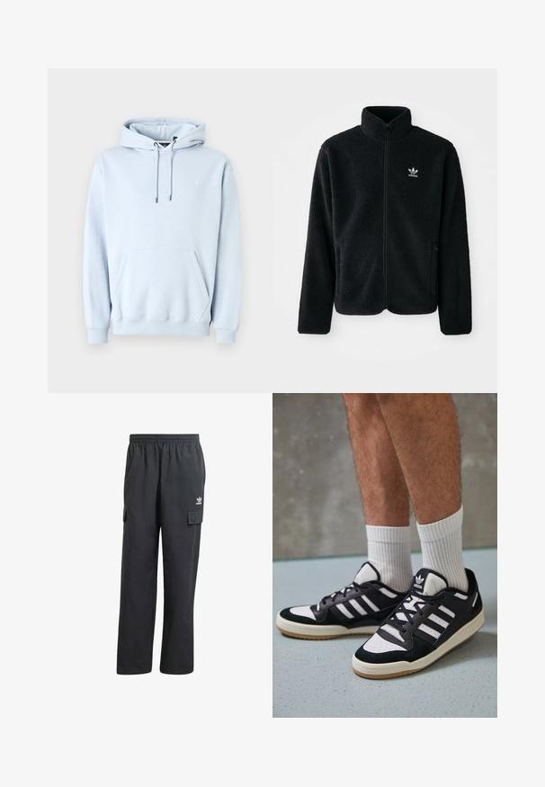 Giacca in pile nera con colletto alto, chiusura zip frontale e tasche anteriori. Presenta un tessuto testurizzato e un piccolo logo bianco sul lato sinistro del petto.; Felpa leggera blu chiaro in morbido tessuto, con tasca a marsupio frontale, cappuccio con cordino e polsini e orlo a coste. Piccolo logo sul petto.; Pantaloni cargo neri con un elastico in vita, due tasche laterali e un logo discreto sulla coscia sinistra. Realizzati in un tessuto leggero.; Sneaker bianco e nero con tomaia in suede e pelle, caratterizzati da tre strisce bianche, punta perforata e suola in gomma naturale.