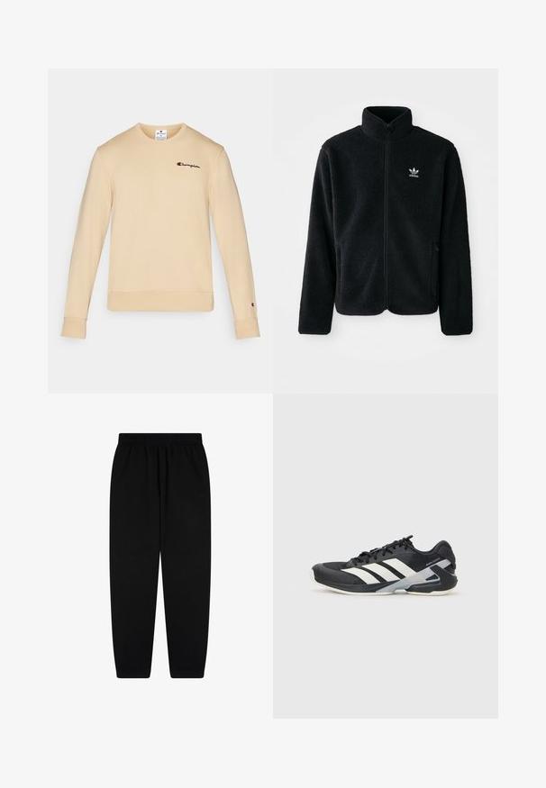 Zwarte fleece jacket met hoge kraag, ritssluiting aan de voorkant en voorzakken. Kenmerkt zich door textuurstof en een klein wit logo op de linkerborst.; Beige katoen sweatshirt met lange mouwen, ronde hals, ribgebreide manchetten en een klein geborduurd logo op de linkerborst.; Zwarte sweatpants van zachte stof, met een elastische tailleband en taps toelopende boorden. Minimalistisch ontwerp zonder zichtbare patronen of accenten.; Zwarte sportschoen met witte strepen, bovenwerk van mesh, ronde neus en geveerde zool. Heeft een getextureerde hak en een veilig vetersysteem.