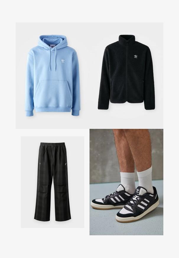 Casaco de fleece preto com gola alta, fecho de correr à frente e bolsos frontais. Apresenta um tecido texturizado e um pequeno logo branco no lado esquerdo do peito.; Sweatshirt azul claro feito de um tecido misto de algodão, com um bolso canguru, capuz ajustável com cordão e um pequeno logo branco no peito.; T-shirts brancos de algodão, mangas curtas, design de gola redonda, com textura lisa, empilhados em fila, com uma marcação subtil na gola.; Calças pretas em padrão xadrez com cintura elástica, dois bolsos frontais e um ajuste solto com design de perna reta. Feitas de material leve.; Ténis em preto e branco com upper em camurça e couro, apresentando três riscas brancas, um toe perfurado e uma sola em borracha de goma.