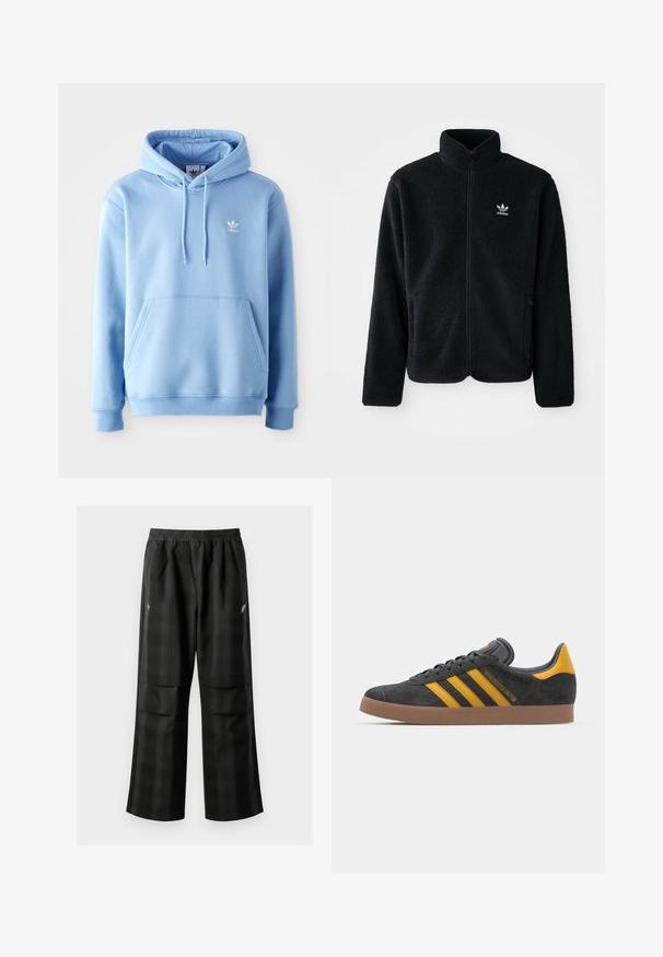 Μαύρο φλις μπουφάν με ψηλό γιακά, μπροστινό φερμουάρ και μπροστινές τσέπες. Διαθέτει υφασμάτινη υφή και μικρό λευκό λογότυπο στο αριστερό στήθος.; Ανοιχτό μπλε φούτερ από μείγμα βαμβακιού, με τσέπη καγκουρό, ρυθμιζόμενη κουκούλα με κορδόνι, και μικρό λευκό λογότυπο στο στήθος.; Μαύρο καρό παντελόνι με ελαστική μέση, δύο μπροστινές τσέπες και χαλαρή εφαρμογή με ευθεία γραμμή. Φτιαγμένο από ελαφρύ υλικό.; Μαύρο σουέτ αθλητικό παπούτσι με κίτρινες λεπτομέρειες, διαθέτει τρεις ρίγες και καφέ λάστιχο σόλα. Περιλαμβάνει επενδυμένη γλώσσα για άνεση.
