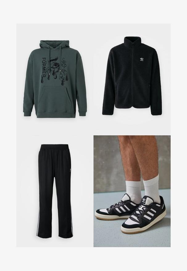 Czarna polarowa kurtka z wysokim kołnierzem, zamek z przodu i kieszeniami z przodu. Posiada teksturowany materiał i małe białe logo na lewej piersi.; Ciemnozielona bluza z kapturem wykonana z miękkiego materiału, z kieszenią z przodu, sznurkiem w kapturze oraz graficznym tekstem z motywem oka i łezkami.; Czarne sportowe spodnie z elastycznym paskiem w talii, z białymi paskami po bokach i małym logo. Materiał wydaje się miękki i lekki.; Czarno-białe sneakersy z zamszową i skórzaną cholewką, z trzema białymi paskami, perforowanym czubkiem i gumową podeszwą w kolorze gumy.