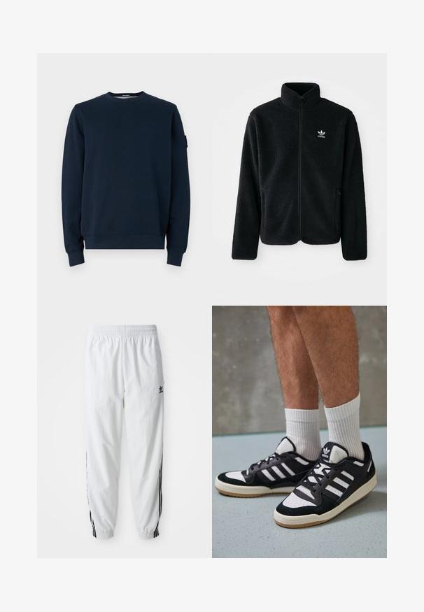 Giacca in pile nera con colletto alto, chiusura zip frontale e tasche anteriori. Presenta un tessuto testurizzato e un piccolo logo bianco sul lato sinistro del petto.; Felpa blu navy realizzata in misto cotone. Presenta un collo a giro, maniche lunghe, polsini a coste e un'etichetta con logo sulla manica sinistra.; Pantaloni sportivi bianchi con strisce nere sui lati, vita elasticizzata e polsini; presenta il logo Adidas sulla coscia sinistra. Texture del tessuto liscia.; Sneaker bianco e nero con tomaia in suede e pelle, caratterizzati da tre strisce bianche, punta perforata e suola in gomma naturale.