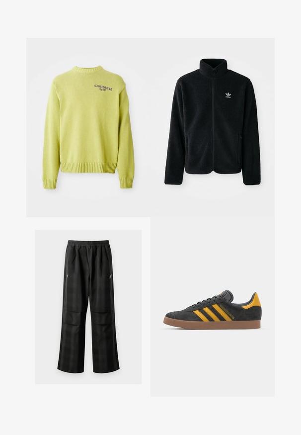 Veste en polaire noire avec col haut, fermeture éclair à l'avant et poches перед тобой. Présente un tissu texturé et un petit logo blanc sur la poitrine gauche.; Pull en maille vert clair avec un col et des poignets côtelés. Présente un logo "Carhartt WIP" violet au dos, avec une coupe décontractée.; Pantalons à carreaux noirs avec une taille élastique, deux poches avant et une coupe ample avec une conception à jambe droite. Fabriqués en matériau léger.; Baskets en suede noir avec des accents jaunes, présentant trois rayures et une semelle en caoutchouc marron. Comprend une languette rembourrée pour le confort.