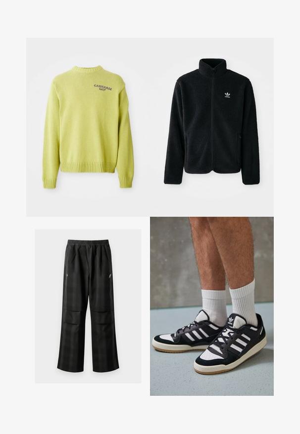 Czarna polarowa kurtka z wysokim kołnierzem, zamek z przodu i kieszeniami z przodu. Posiada teksturowany materiał i małe białe logo na lewej piersi.; Jasnozielony sweter z dzianiny z ściągaczem przy dekolcie i mankietach. Na plecach widnieje fioletowe logo "Carhartt WIP", a krój jest luźny.; Czarne spodnie w kratę z elastycznym pasem, dwoma przednimi kieszeniami i luźnym krojem ze prostymi nogawkami. Wykonane z lekkiego materiału.; Czarno-białe sneakersy z zamszową i skórzaną cholewką, z trzema białymi paskami, perforowanym czubkiem i gumową podeszwą w kolorze gumy.
