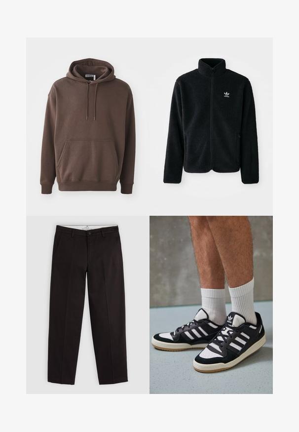 Czarna polarowa kurtka z wysokim kołnierzem, zamek z przodu i kieszeniami z przodu. Posiada teksturowany materiał i małe białe logo na lewej piersi.; Brązowa bluza z kapturem wykonana z miękkiego materiału, z przednią kieszenią, sznurkiem do regulacji kaptura oraz ściągaczami na rękawach. Prosty design bez wzorów.; Czarne chinosy o prostych nogawkach z pętlami na pasek, z zapięciem na guzik i bocznymi kieszeniami, wyeksponowane na jasnoszarym tle.; Czarno-białe sneakersy z zamszową i skórzaną cholewką, z trzema białymi paskami, perforowanym czubkiem i gumową podeszwą w kolorze gumy.