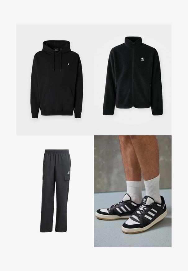Casaco de fleece preto com gola alta, fecho de correr à frente e bolsos frontais. Apresenta um tecido texturizado e um pequeno logo branco no lado esquerdo do peito.; Sweatshirt preto feito de uma mistura de algodão, com um bolso canguru, capuz com cordão, punhos canelados e um pequeno logotipo no lado esquerdo do peito.; Calças cargo pretas com um cós elástico, dois bolsos laterais e um logótipo subtil na coxa esquerda. Feitas de um tecido leve.; Ténis em preto e branco com upper em camurça e couro, apresentando três riscas brancas, um toe perfurado e uma sola em borracha de goma.