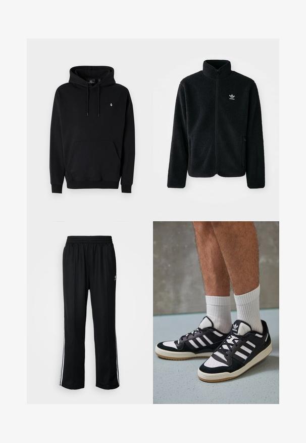 Must värviline fleecedee peasärk kõrge kraega, tõmblukuga esiosa ja esikotid. Omab tekstuuriga kangast ja väikest valget logo vasakul rinnal.; Must must, misestatud puuvillase seguga, millel on känguru tasku, reguleeritav kapuuts, soonikkoes varrukad ja väike logo vasakul rinnal.; Mustad mustad spordipüksid elastse vöökohaga, millel on valged küljeread ja väike logo. Materjal tundub pehme ja kerge.; Mustvalged ja valged spordijalatsid, mille pealmine osa on valmistatud suede'ist ja nahast. Kingadel on kolm valget riba, auguline varvas ja kummist tald.