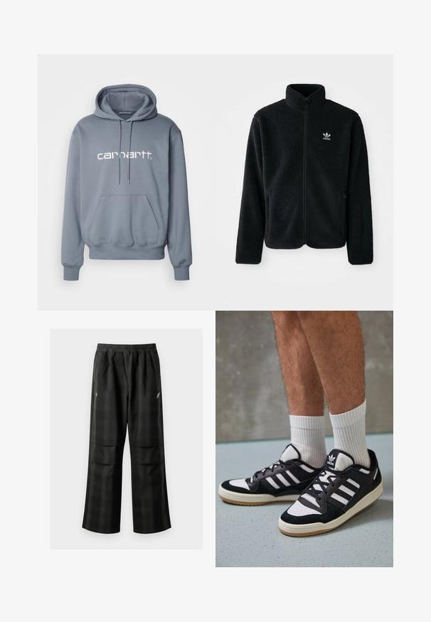Fekete bolyhos dzseki magas gallérral, cipzáros elejével és elülső zsebeivel. Texturált anyaga és kis fehér logója van a bal mellen.; Carhartt WIP HOODED - Kapucnis pulóver - dove grey/wax; Fekete kockás nadrág, rugalmas derékkal, két elülső zsebbel és laza, egyenes szárú fazonnal. Könnyű anyagból készült.; Fekete-fehér tornacipők velúr és bőr felsőrésszel, három fehér csíkkal, perforált orral és gumi talppal.