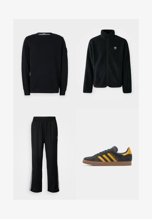 Black fleece jacket with high collar, zip front, and front pockets. Features textured fabric and small white logo on left chest.; Black sweatshirt with a round neckline and long sleeves. Made from soft fabric with ribbed cuffs and hem, featuring minimalistic design details.; Black athletic pants with an elastic waistband, featuring white side stripes and a small logo. Material appears soft and lightweight.; Black suede sneaker with yellow accents, featuring three stripes and a brown rubber sole. Includes a padded tongue for comfort.