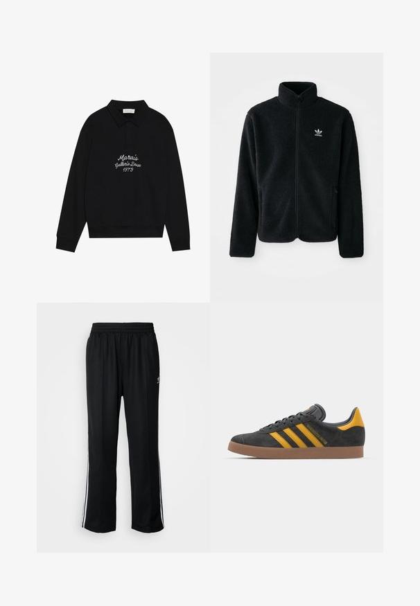 Black fleece jacket with high collar, zip front, and front pockets. Features textured fabric and small white logo on left chest.; Black pullover sweatshirt with a polo collar, featuring white embroidery that reads "Marais Gallerie Deux 1973" across the chest.; Black athletic pants with an elastic waistband, featuring white side stripes and a small logo. Material appears soft and lightweight.; Black suede sneaker with yellow accents, featuring three stripes and a brown rubber sole. Includes a padded tongue for comfort.