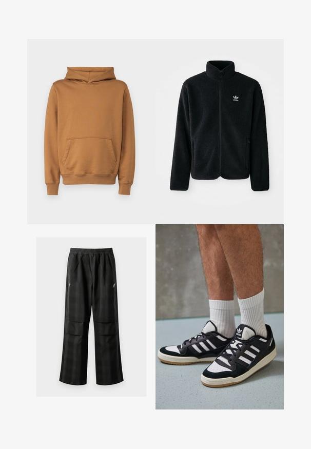 Fekete bolyhos dzseki magas gallérral, cipzáros elejével és elülső zsebeivel. Texturált anyaga és kis fehér logója van a bal mellen.; Barna kapucnis pulóver elülső zsebbel, bordázott mandzsettával és hemmel, valamint húzózsinórral ellátott kapucnival. Puha, texturált anyagból készült.; Fekete kockás nadrág, rugalmas derékkal, két elülső zsebbel és laza, egyenes szárú fazonnal. Könnyű anyagból készült.; Fekete-fehér tornacipők velúr és bőr felsőrésszel, három fehér csíkkal, perforált orral és gumi talppal.