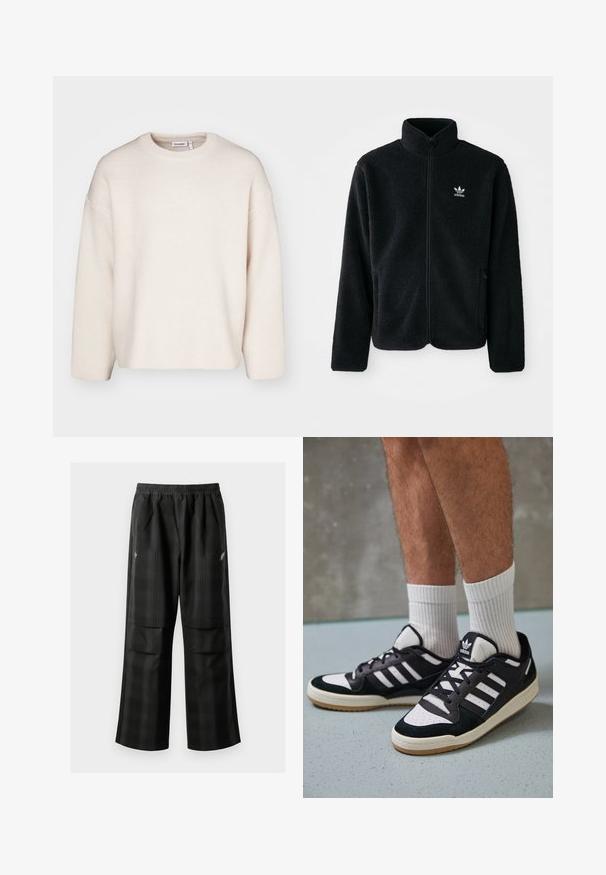 Black fleece jacket with high collar, zip front, and front pockets. Features textured fabric and small white logo on left chest.; Cream textured knit sweater with a round neck, dropped shoulders, and long sleeves. Simple design without embellishments.; Black plaid pants featuring an elastic waistband, two front pockets, and a loose fit with a straight leg design. Made from lightweight material.; Black and white sneakers with a suede and leather upper, featuring three white stripes, a perforated toe, and a gum rubber sole.