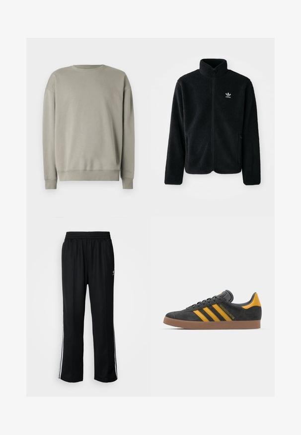 Black fleece jacket with high collar, zip front, and front pockets. Features textured fabric and small white logo on left chest.; Light gray sweatshirt with a simple crew neck, long sleeves, and ribbed cuffs, made from soft fabric with a smooth texture.; Black athletic pants with an elastic waistband, featuring white side stripes and a small logo. Material appears soft and lightweight.; Black suede sneaker with yellow accents, featuring three stripes and a brown rubber sole. Includes a padded tongue for comfort.