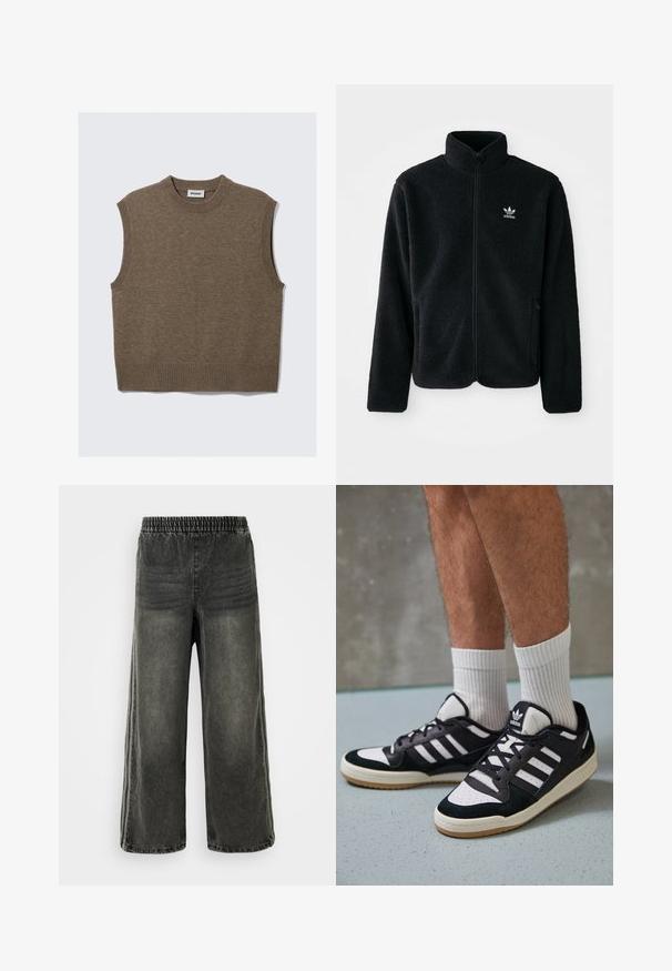 Jachetă din fleece neagră cu guler înalt, fermoar pe față și buzunare frontale. Caracteristici ale materialului texturat și un mic logo alb pe pieptul stâng.; Vesta tricotată din lână maro, fără mâneci, cu guler rotund cu nervuri, găuri pentru brațe și tiv, aranjată plat pe un fundal alb.; Pantaloni din denim decolorat negri cu talie elastică și picioare largi, prezentând detalii subtile cu cusături verticale pe laterale.; Adidași negri și albi cu un superior din suede și piele, prevăzuți cu trei dungi albe, un vârf perforat și o talpă din cauciuc caramel.
