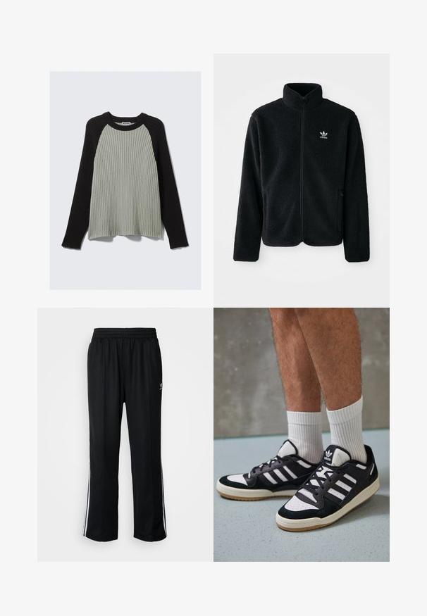 Chupa de forro polar negro con cuello alto, cierre frontal y bolsillos delanteros. Presenta tela texturizada y un pequeño logo blanco en el lado izquierdo del pecho.; Suéter de punto acanalado con mangas largas negras y cuerpo de color gris claro. Presenta un cuello redondo y un ajuste relajado. Textura suave, diseño casual.; Pantalones deportivos negros con cintura elástica, que presentan rayas laterales blancas y un pequeño logotipo. El material parece suave y ligero.; Zapatillas en blanco y negro con parte superior de ante y cuero, que presentan tres franjas blancas, una puntera perforada y una suela de goma.