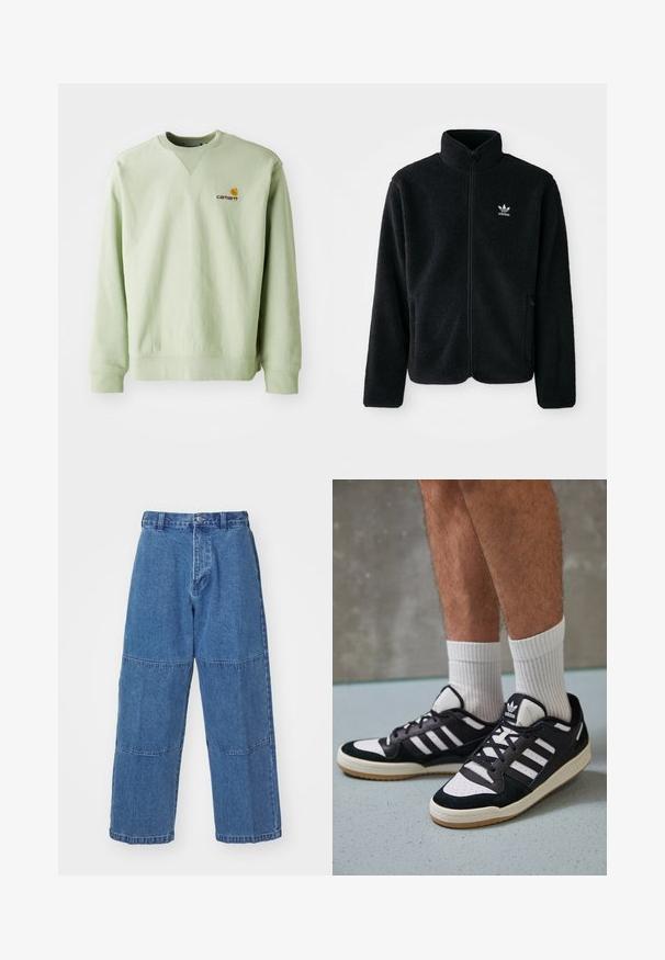 Juodas fliso džemperis su aukštu apykakle, užtrauktuku priekyje ir priekinėmis kišenėmis. Ypatybės: tekstūruota medžiaga ir mažas baltas logotipas kairėje krūtinės pusėje.; Šviesiai žalia medvilnės mišinio džemperis. Su raštuotomis rankovėmis ir galu, ant krūtinės su mažu siuvinėtų logotipu. Paprastas dizainas, apvalia iškirpte.; Šviesiai mėlyni džinsai su laisvu siluetu, turintys du skirtingus audinio skyrius, priekinę mygtukų užsegimą ir plačias kelnes.; Juodos ir baltos sportinės bateliai su zomšiniu ir odiniu viršumi, su trimis baltomis juostelėmis, perforuota koja ir guminėmis padais.