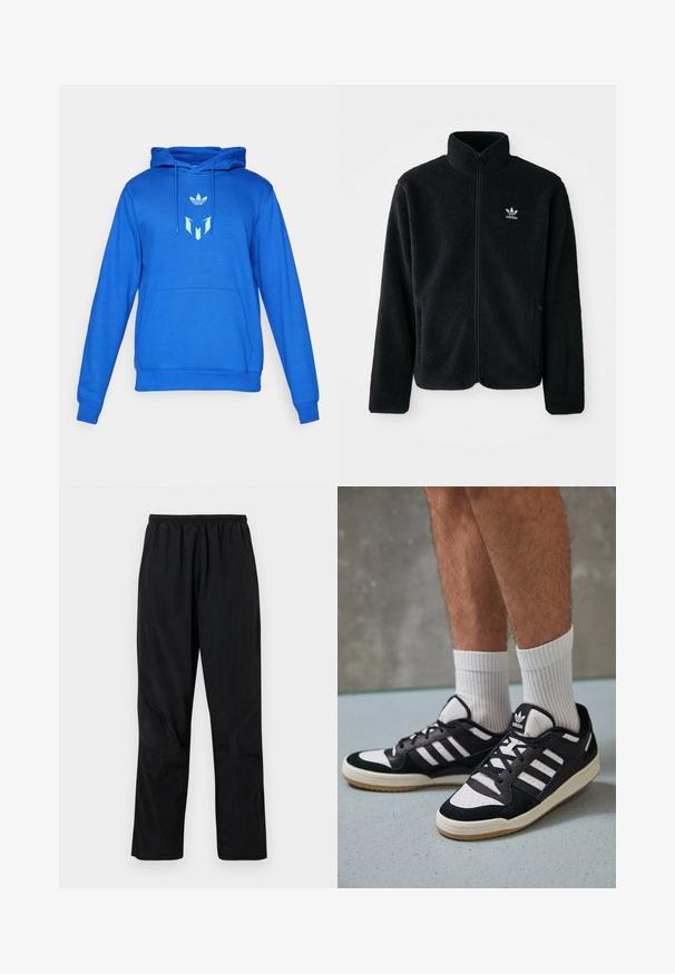 Casaco de fleece preto com gola alta, fecho de correr à frente e bolsos frontais. Apresenta um tecido texturizado e um pequeno logo branco no lado esquerdo do peito.; Sweatshirt azul com cordões, bolso canguru e um logotipo azul claro no peito. Feito de um tecido macio com punhos e bainha canelados.; Pantalones negros de nylon com um cós elástico, apresentando um acabamento leve e texturizado e detalhes em costura para um design moderno.; Ténis em preto e branco com upper em camurça e couro, apresentando três riscas brancas, um toe perfurado e uma sola em borracha de goma.