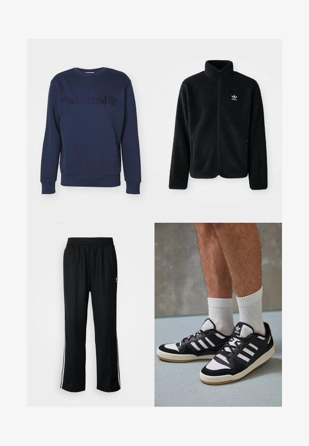 Černá fleecová bunda s vysokým límcem, předním zipem a předními kapsami. Disponuje strukturovanou tkaninou a malým bílým logem na levé hrudi.; Námořnická modrá mikina s kulatým výstřihem a dlouhými rukávy, s žebrovanými manžetami a lemem, a vyraženým logem Timberland na hrudi.; Černé sportovní kalhoty s elastickým pasem, s bílými bočními pruhy a malým logem. Materiál vypadá měkce a lehce.; Černobílé tenisky s vrchní částí z semišové a kožené kůže, včetně tří bílých pruhů, perforovaného špičky a podrážky z gumy.