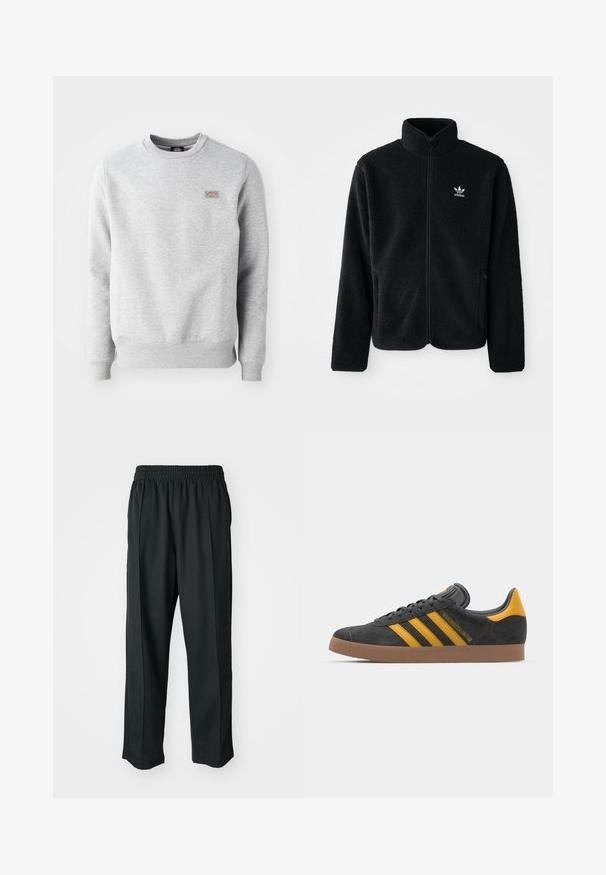 Casaco de fleece preto com gola alta, fecho de correr à frente e bolsos frontais. Apresenta um tecido texturizado e um pequeno logo branco no lado esquerdo do peito.; Sweatshirt cinza com gola redonda, punhos e bainha canelados, feito de um material de algodão macio. Apresenta um pequeno logótipo no lado esquerdo do peito.; Calças atléticas pretas com um cós elástico, feitas de tecido suave, com costuras laterais discretas e um ajuste descontraído, design de perna reta.; Tenis em camurça preta com detalhes amarelos, apresentando três riscas e uma sola de borracha castanha. Inclui uma língua acolchoada para maior conforto.