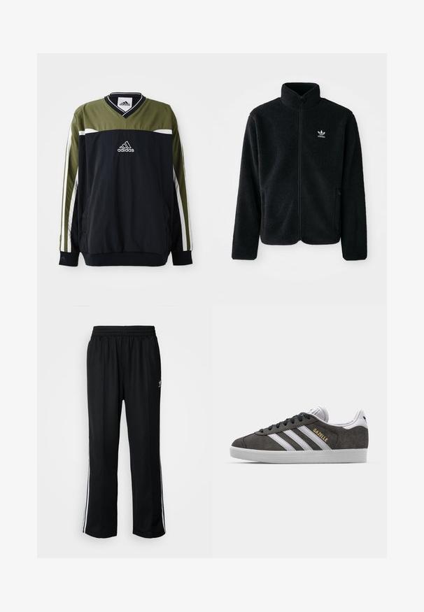 Melns flīsa mētelis ar augstu apkakli, ar rāvējslēdzēju priekšā un priekšējiem kabatām. Iezīmē ar teksturētu audumu un mazu baltu logo uz kreisā krūtīm.; Adidas mikina melnā un olīvzaļā krāsā ar V veida kakla izgriezumu, baltām akcentiem un logotipu centrā. Izgatavota no viegla materiāla.; Melni sporta bikses ar elastīgu jostas vietu, kurām ir baltas sānu svītras un neliels logotips. Materiāls izskatās mīksts un viegls.; Pelēki zamšādas sporta apavi ar baltiem svītrojumiem un zelta "Gazelle" logotipu. Aprīkoti ar gumijas zoli un auklu aizdari ar mīkstinātu apkakli.