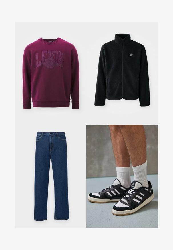 Black fleece jacket with high collar, zip front, and front pockets. Features textured fabric and small white logo on left chest.; Burgundy sweatshirt with a crew neckline, long sleeves, and embossed "LEVI'S" logo at the chest. Made from a soft, textured fabric.; Dark blue straight-leg denim jeans with front pockets and a button closure, displayed on a plain white background.; Black and white sneakers with a suede and leather upper, featuring three white stripes, a perforated toe, and a gum rubber sole.