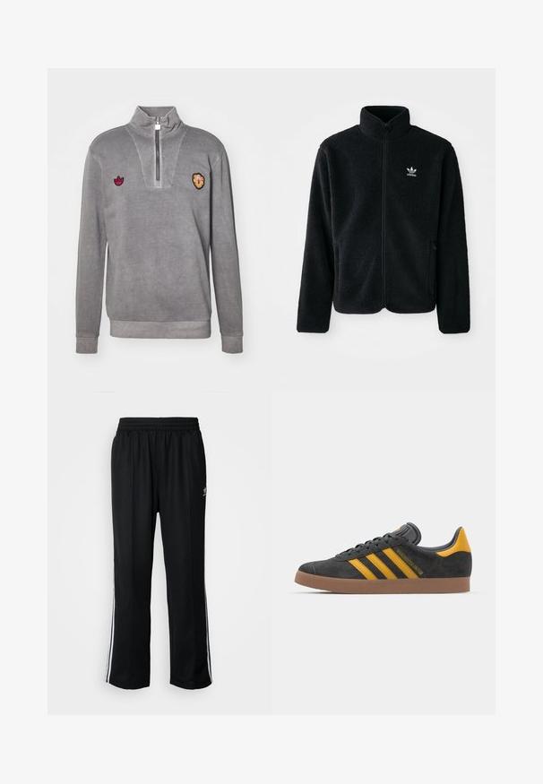 Černá fleecová bunda s vysokým límcem, předním zipem a předními kapsami. Disponuje strukturovanou tkaninou a malým bílým logem na levé hrudi.; Šedý svetr s vysokým límcem, polovičním zipem, dvěma vyšívanými logy na hrudi a žebrovanými manžetami a lemem. Jemná textura.; Černé sportovní kalhoty s elastickým pasem, s bílými bočními pruhy a malým logem. Materiál vypadá měkce a lehce.; Černé semišové tenisky se žlutými akcenty, vybavené třemi pruhy a hnědou gumovou podrážkou. Obsahují polstrovaný jazyk pro pohodlí.