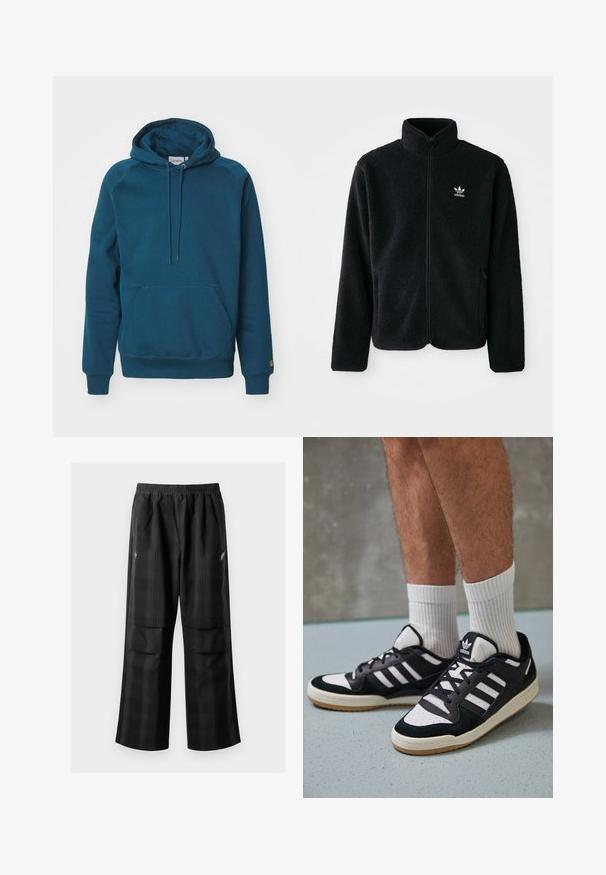 Juodas fliso džemperis su aukštu apykakle, užtrauktuku priekyje ir priekinėmis kišenėmis. Ypatybės: tekstūruota medžiaga ir mažas baltas logotipas kairėje krūtinės pusėje.; Carhartt WIP HOODED CHASE - Sportinis megztinis - duck blue/gold; Juodos languotos kelnės su elastingu juosmeniu, dviem priekinėmis kišenėmis ir laisvu tiesiu kirpimu. Pagamintos iš lengvos medžiagos.; Juodos ir baltos sportinės bateliai su zomšiniu ir odiniu viršumi, su trimis baltomis juostelėmis, perforuota koja ir guminėmis padais.