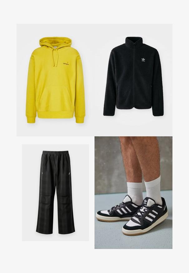 Schwarze Fleecejacke mit hohem Kragen, durchgehendem Reißverschluss und Fronttaschen. Verfügt über strukturiertes Material und ein kleines weißes Logo auf der linken Brust.; Gelbe Kapuzenjacke aus einem Baumwollmix. Verfügt über eine vordere Kängurutasche, gerippte Bündchen und ein kleines Logo auf der Brust.; Schwarze karierte Hosen mit elastischem Bund, zwei Fronttaschen und lockerer Passform im geraden Beinschnitt. Hergestellt aus leichtem Material.; Schwarz-weiße Sneaker mit einem Obermaterial aus Wildleder und Leder, ausgestattet mit drei weißen Streifen, einer perforierten Zehenpartie und einer Sohle aus Gummi.