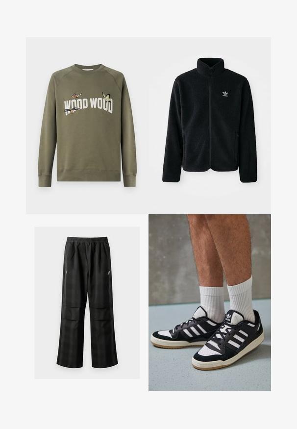 Casaco de fleece preto com gola alta, fecho de correr à frente e bolsos frontais. Apresenta um tecido texturizado e um pequeno logo branco no lado esquerdo do peito.; Sweatshirt verde-oliva com gola redonda e mangas raglan. Apresenta borboletas bordadas e o texto "WOOD WOOD" em branco.; Calças pretas em padrão xadrez com cintura elástica, dois bolsos frontais e um ajuste solto com design de perna reta. Feitas de material leve.; Ténis em preto e branco com upper em camurça e couro, apresentando três riscas brancas, um toe perfurado e uma sola em borracha de goma.