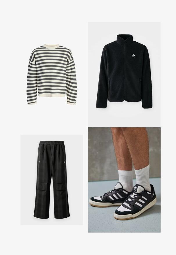 Černá fleecová bunda s vysokým límcem, předním zipem a předními kapsami. Disponuje strukturovanou tkaninou a malým bílým logem na levé hrudi.; Pruhovaný svetr v krémové a tmavě šedé barvě, s žebrovaným kulatým výstřihem, dlouhými rukávy a volným střihem s crop délka.; Černé kostkované kalhoty s elastickým pasem, dvěma předními kapsami a volným střihem se rovnými nohavicemi. Vyrobeny z lehkého materiálu.; Černobílé tenisky s vrchní částí z semišové a kožené kůže, včetně tří bílých pruhů, perforovaného špičky a podrážky z gumy.