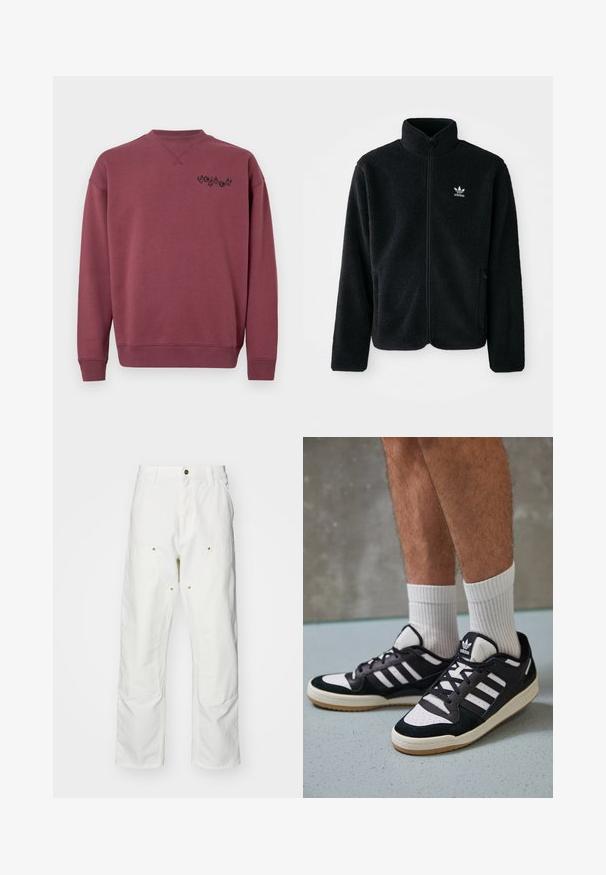 Czarna polarowa kurtka z wysokim kołnierzem, zamek z przodu i kieszeniami z przodu. Posiada teksturowany materiał i małe białe logo na lewej piersi.; Bordowa bawełniana bluza z okrągłym dekoltem i ściągaczami przy rękawach. Posiada czarne logo nadrukowane na lewej piersi. Gładka struktura.; Białe bawełniane spodnie cargo o luźnym kroju. Cechy to przednie kieszenie, złote akcenty oraz wzmocnione części kolan.; Czarno-białe sneakersy z zamszową i skórzaną cholewką, z trzema białymi paskami, perforowanym czubkiem i gumową podeszwą w kolorze gumy.
