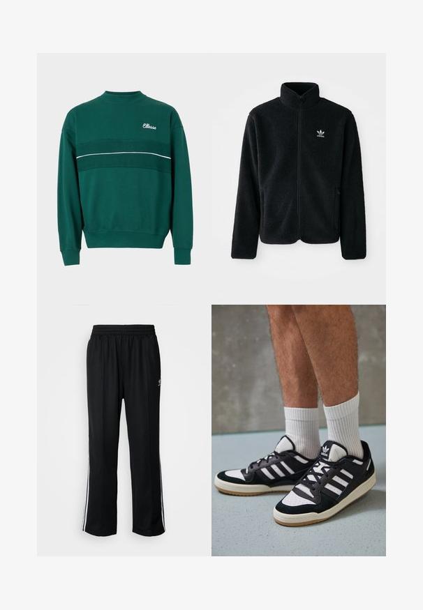 Fekete bolyhos dzseki magas gallérral, cipzáros elejével és elülső zsebeivel. Texturált anyaga és kis fehér logója van a bal mellen.; Zöld crewneck pulóver bordázott mandzsettával és aljjal, vízszintes textúrázott csíkkal és a "Ellesse" logóval a bal felső mellrészen.; Fekete sportnadrág rugalmas derékrésszel, fehér oldalsávokkal és egy kis logóval. Az anyaga lágy és könnyűnek tűnik.; Fekete-fehér tornacipők velúr és bőr felsőrésszel, három fehér csíkkal, perforált orral és gumi talppal.