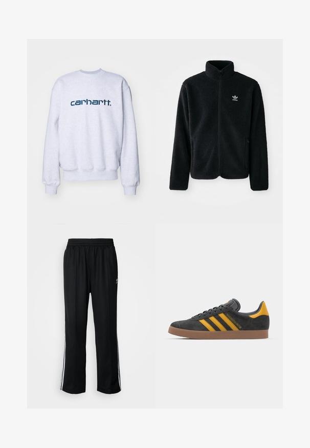 Black fleece jacket with high collar, zip front, and front pockets. Features textured fabric and small white logo on left chest.; Carhartt WIP Sweatshirt - ash heather/duck blue; Black athletic pants with an elastic waistband, featuring white side stripes and a small logo. Material appears soft and lightweight.; Black suede sneaker with yellow accents, featuring three stripes and a brown rubber sole. Includes a padded tongue for comfort.