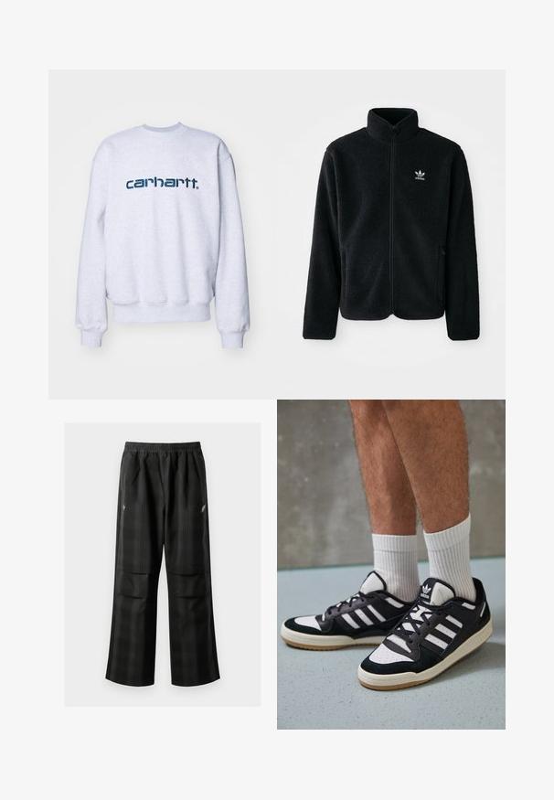 Svart fleecejakke med høy krage, glidelås foran og frontlommer. Har strukturert stoff og liten hvit logo på venstre bryst.; Carhartt WIP Sweatshirt - ash heather/duck blue; Svarte rutete bukser med elastisk midje, to frontlommer og løs passform med rett ben-design. Laget av lett materiale.; Sorte og hvite sneakers med overdel i semsket skinn og lær, med tre hvite striper, perforert tå og en såle av gummi.