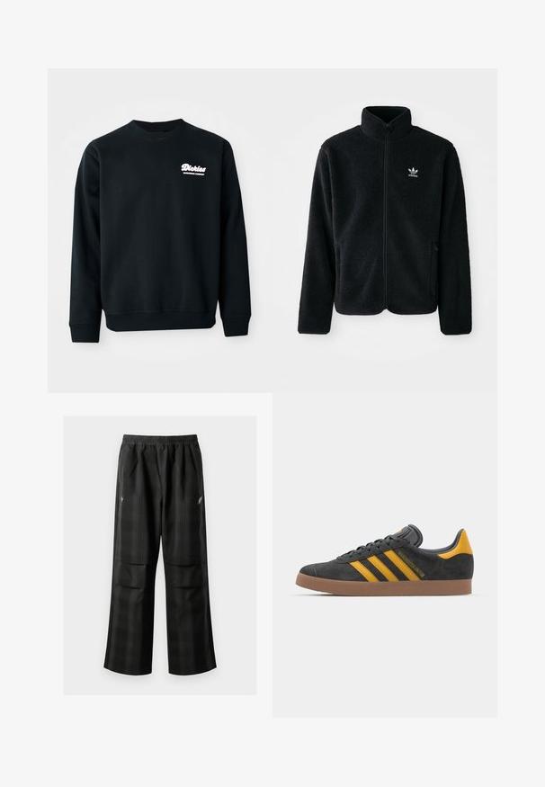 Jachetă din fleece neagră cu guler înalt, fermoar pe față și buzunare frontale. Caracteristici ale materialului texturat și un mic logo alb pe pieptul stâng.; Hanorac negru cu guler și manșete ribbate. Prezintă un logo alb cu textul "Dickies Workwear Company" pe partea superioară stângă a pieptului. Textură moale.; Pantaloni cu un model carourile negre, având talie elastică, două buzunare frontale și un croi lejer cu picioare drepte. Construiți dintr-un material ușor.; Tenisi negri din suede cu accente galbene, având trei dungi și o talpă din cauciuc maroniu. Include un limba căptușită pentru confort.