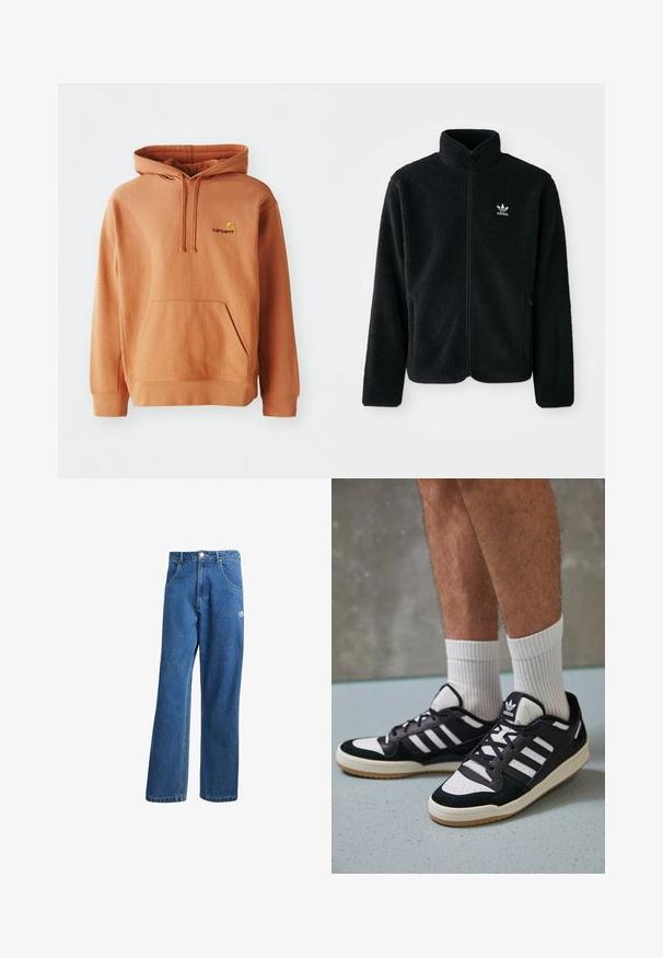 Giacca in pile nera con colletto alto, chiusura zip frontale e tasche anteriori. Presenta un tessuto testurizzato e un piccolo logo bianco sul lato sinistro del petto.; Felpa arancione in cotone misto con tasca frontale, cappuccio regolabile con coulisse e logo ricamato sul petto.; Jeans di denim a vita alta e gamba larga blu, con tasche frontali, passanti per cintura, chiusura a bottone e piccolo logo Adidas sulla coscia destra.; Sneaker bianco e nero con tomaia in suede e pelle, caratterizzati da tre strisce bianche, punta perforata e suola in gomma naturale.