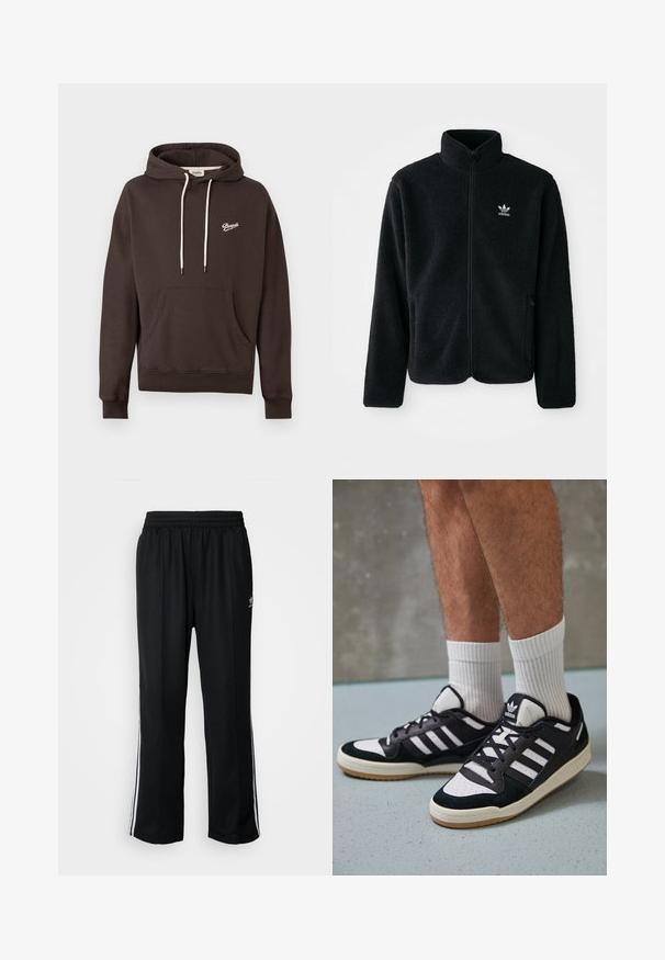 Musta fleece-takki, jossa on korkea kaulus, vetoketjusuljenta ja etutaskut. Käyttää teksturoitua kangasta ja siinä on pieni valkoinen logo vasemmassa rinnassa.; Tummanruskea huppari, jossa on etutasku, valkoiset nyörit ja pieni valkoinen "Pompeii" -logo vasemmassa rinnassa.; Mustat urheiluhousut, joissa on joustava vyötärö, valkoiset sivuraidat ja pieni logo. Materiaali näyttää pehmeältä ja kevyeltä.; Valkoiset ja mustat tennarit, joissa on mokkanahka- ja nahkapäällinen, kolme valkoista raitaa, rei'itetty kärki ja kumipohja.