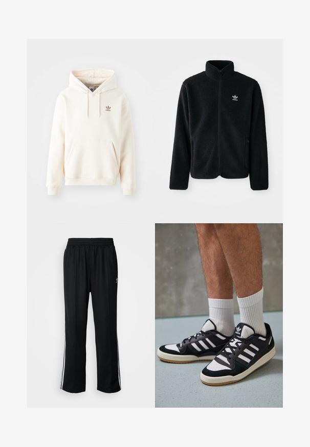 Jachetă din fleece neagră cu guler înalt, fermoar pe față și buzunare frontale. Caracteristici ale materialului texturat și un mic logo alb pe pieptul stâng.; Hoodie crem cu material moale, având un buzunar frontal tip kangaroo, glugă cu șnur reglabil și un mic logo Adidas maro pe piept.; Pantaloni atletici negri cu talie elastică, având dungi albe pe laterale și un mic logo. Materialul pare moale și ușor.; Adidași negri și albi cu un superior din suede și piele, prevăzuți cu trei dungi albe, un vârf perforat și o talpă din cauciuc caramel.