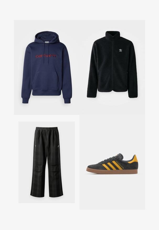 Chupa de forro polar negro con cuello alto, cierre frontal y bolsillos delanteros. Presenta tela texturizada y un pequeño logo blanco en el lado izquierdo del pecho.; Sudadera de algodón azul marino con bolsillo frontal, capucha con cuerda y logo bordado en rojo "carhartt" en el pecho.; Pantalones de cuadros negros con cintura elástica, dos bolsillos frontales y un ajuste holgado con diseño de pierna recta. Fabricados en material ligero.; Zapatillas de ante negro con acentos amarillos, que presentan tres franjas y una suela de goma marrón. Incluyen una lengüeta acolchada para mayor comodidad.