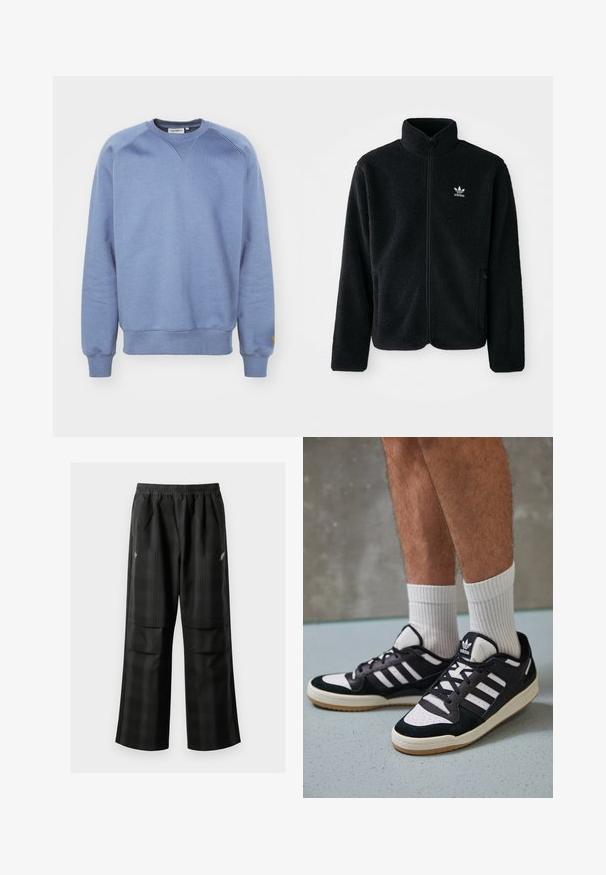 Čierna fleecová bunda s vysokým golierom, zipsom na prednej strane a prednými vreckami. Obsahuje textúrovanú tkaninu a malé biele logo na ľavej hrudi.; Carhartt WIP CHASE - Mikina - positano/gold; Čierne kockované nohavice s elastickým pásom, dvoma prednými vreckami a voľným strihom so rovnými nohavicami. Vyrobené z ľahkého materiálu.; Čierno-biele tenisky s vrchom z semišu a kože, s troma bielymi pruhmi, perforovanou špičkou a gumovou podrážkou.
