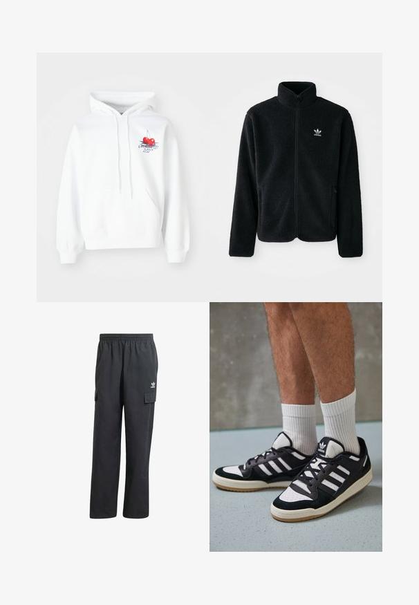 Črna flis jakna z visokim ovratnikom, z zadrgo spredaj in sprednjimi žepi. Ima strukturno blago in majhno belo logo na levi strani prsnega koša.; Bela kapuča s grafiko dveh rdečih češenj, obrisom in modrim napisom. Ima kenguru žep in kapuco s vrvico.; Črne cargo hlače z elastičnim pasom, dvema stranskima žepoma in subtilnim logotipom na levem stegnu. Narejene iz lahkega materiala.; Črno-bele superge z zgornjim delom iz usnja in nubuka, ki imajo tri bele črte, perforiran vrh prstov in podplat iz gume.