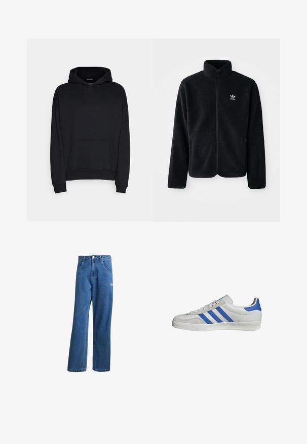 Zwarte fleece jacket met hoge kraag, ritssluiting aan de voorkant en voorzakken. Kenmerkt zich door textuurstof en een klein wit logo op de linkerborst.; Zwarte hoodie gemaakt van een katoenmix. Kenmerkt zich door een ruime voorkantzak, ribgebreide manchetten en een capuchon met trekkoord. Gladde textuur.; Blauwe hoge taille wijde spijkerbroek met voorzakken, riemlussen, knoopsluiting en klein Adidas-logo op de rechterdij.; Witte sneaker met blauwe en grijze accenten, uitgerust met drie kenmerkende strepen, vetersluiting en een gestructureerde zool.
