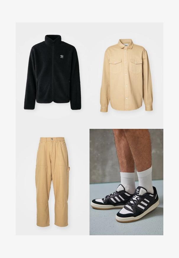 Fekete bolyhos dzseki magas gallérral, cipzáros elejével és elülső zsebeivel. Texturált anyaga és kis fehér logója van a bal mellen.; Beige gombos ing, pamutból készült, klasszikus gallérral, két mellzsebbel és hosszú ujjakkal, gombos mandzsettával.; Beige cargo nadrág, pamut keverék anyagból készült. Több zsebet, egyenes lábakat és gombos záródást tartalmaz a deréknál.; Fekete-fehér tornacipők velúr és bőr felsőrésszel, három fehér csíkkal, perforált orral és gumi talppal.