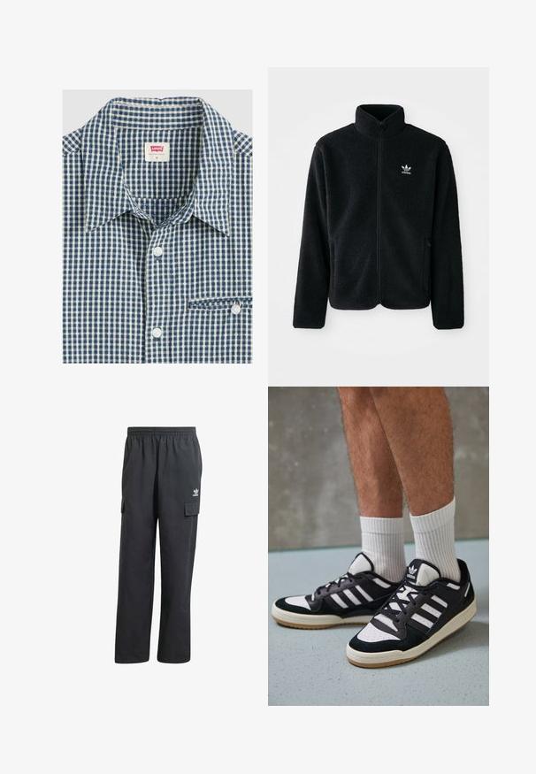 Zwarte fleece jacket met hoge kraag, ritssluiting aan de voorkant en voorzakken. Kenmerkt zich door textuurstof en een klein wit logo op de linkerborst.; Blauw-wit geruite blouse met kraag, voorzien van een borstzak en een gladde stoftextuur. Witte knopen accentueren de voorkant.; Zwarte cargobroek met een elastische tailleband, twee zijzakken en een subtiel logo op de linker dij. Gemaakt van een lichtgewicht stof.; Zwart-witte sneakers met een bovenwerk van suede en leer, voorzien van drie witte strepen, een geperforeerde neus en een rubberen gumzool.