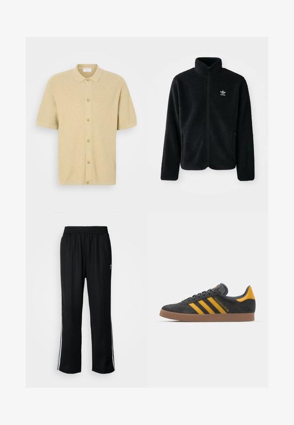 Juodas fliso džemperis su aukštu apykakle, užtrauktuku priekyje ir priekinėmis kišenėmis. Ypatybės: tekstūruota medžiaga ir mažas baltas logotipas kairėje krūtinės pusėje.; Šviesiai bežė polo marškinėliai trumpomis rankovėmis, pagaminti iš tekstūruotos medžiagos. Yra užsegami mygtukais priekyje ir turi klasikinį apykaklę.; Juodi sportiniai keliai su elastingu juosmeniu, su baltais šonais ir mažu logotipu. Atrodo, kad medžiaga yra minkšta ir lengva.; Juodas zomšinės sportbačiai su geltonais akcentais, turintys tris juosteles ir rudą gumos padą. Apima paminkštintą liežuvėlį patogumui.