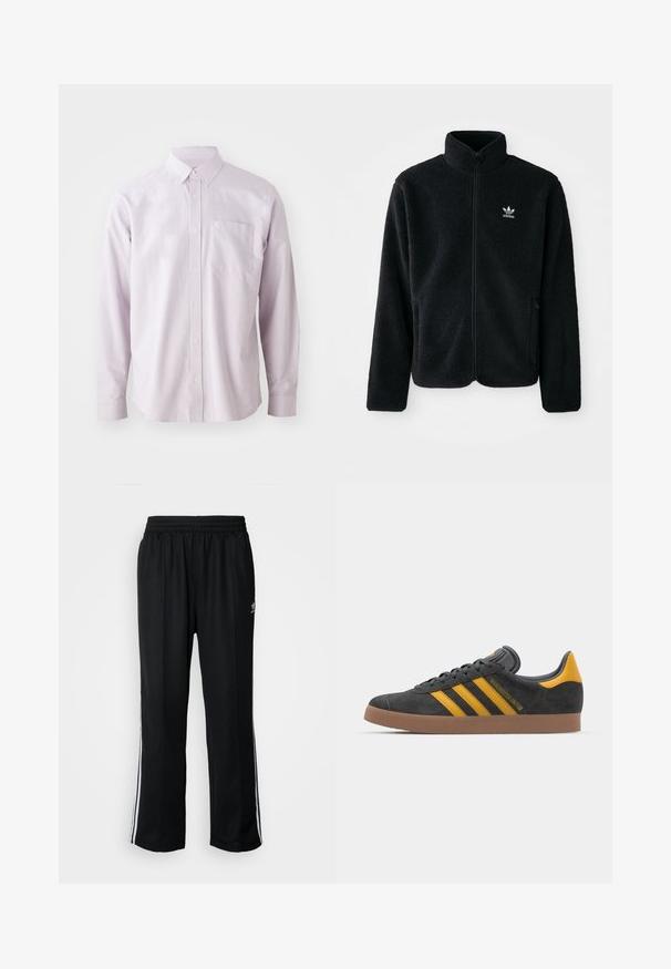 Crna fleec jakna s visokim ovratnikom, prednjim zatvaračem i prednjim džepovima. Ima teksturirani materijal i mali bijeli logo na lijevoj strani prsnog koša.; Svijetloplavi dugih rukava košulja s gumbima izrađena od pamuka, s džepom na prsima i klasičnim okovratnikom s bijelim gumbima.; Crne sportske hlače s elastičnom trakom oko struka, s bijelim bočnim prugama i malim logotipom. Materijal izgleda mekan i lagan.; Crne nubuk tenisice s žutim detaljima, sa tri pruge i smešnim gumenim potplatom. Imaju jastučić na jeziku za udobnost.
