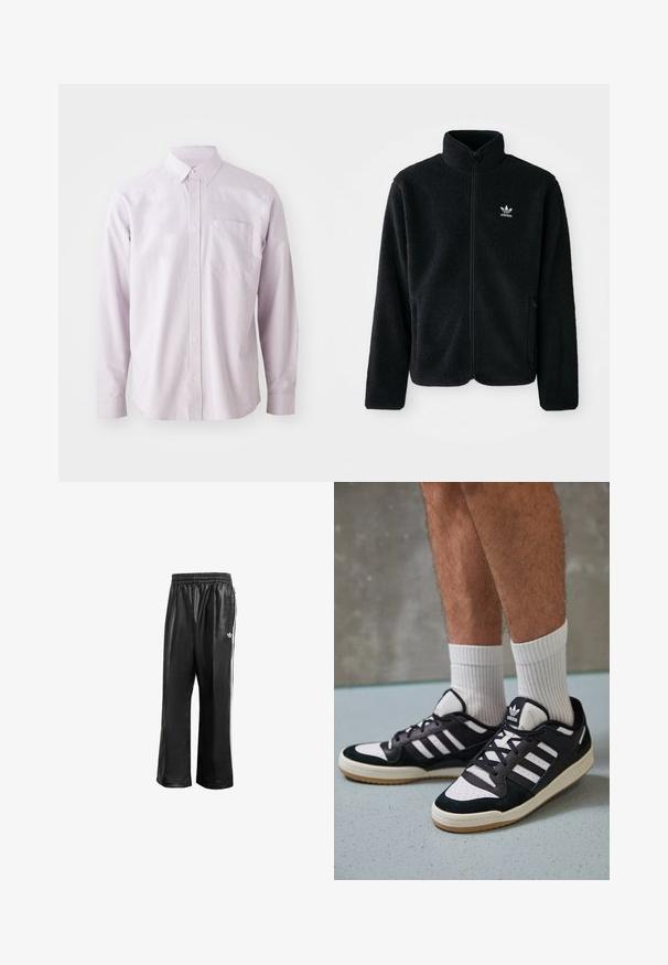 Schwarze Fleecejacke mit hohem Kragen, durchgehendem Reißverschluss und Fronttaschen. Verfügt über strukturiertes Material und ein kleines weißes Logo auf der linken Brust.; Helles lila Langarm-Hemd aus Baumwolle, mit einer Brusttasche und einem klassischen Kragen mit weißen Knöpfen.; Schwarze synthetische Sporthosen mit elastischem Taillenbund, ausgestattet mit weißen Seitenstreifen und einem kleinen weißen Logo auf der linken Hüfte.; Schwarz-weiße Sneaker mit einem Obermaterial aus Wildleder und Leder, ausgestattet mit drei weißen Streifen, einer perforierten Zehenpartie und einer Sohle aus Gummi.